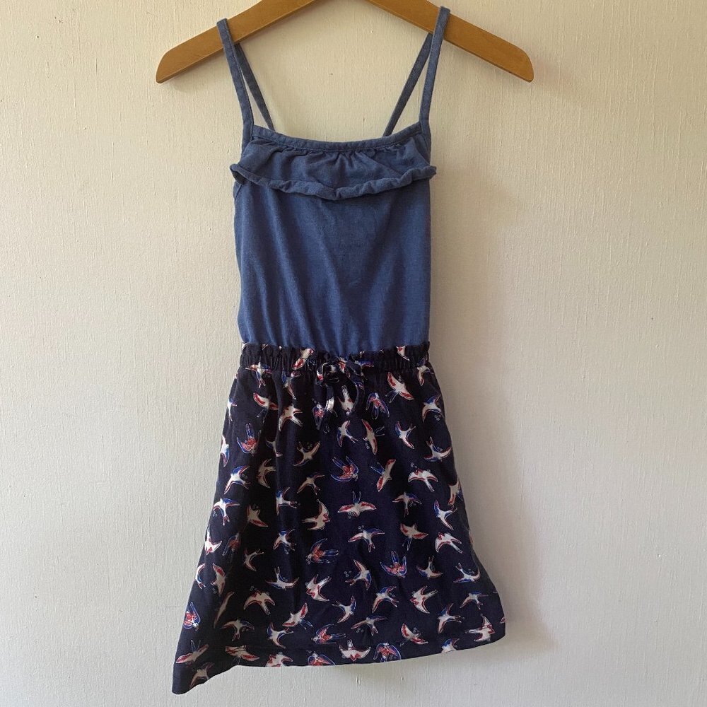 Hanna‎ Andersson Dress Girls Size 6 Kids Bird Print Denim Strappy Kids